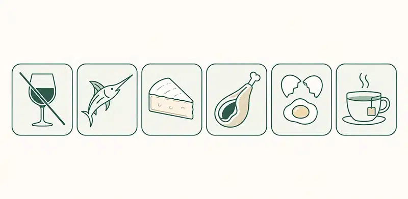 Iconos de alimentos a evitar durante el embarazo: alcohol, pez espada, queso no pasteurizado, jamón curado, huevo crudo y té con cafeína